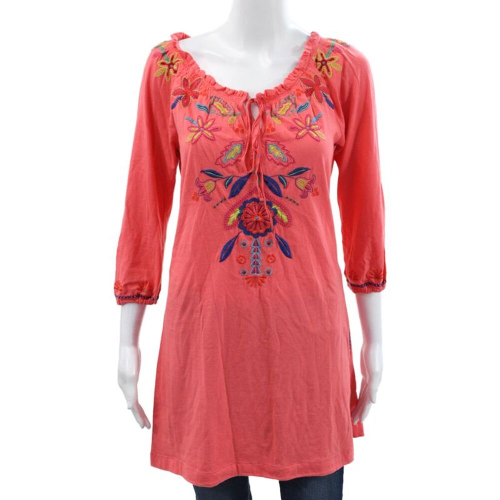 JW Los Angeles Women Pink Floral Tunic Blouse Scoop 3/4 Sleeve Cotton Size XS